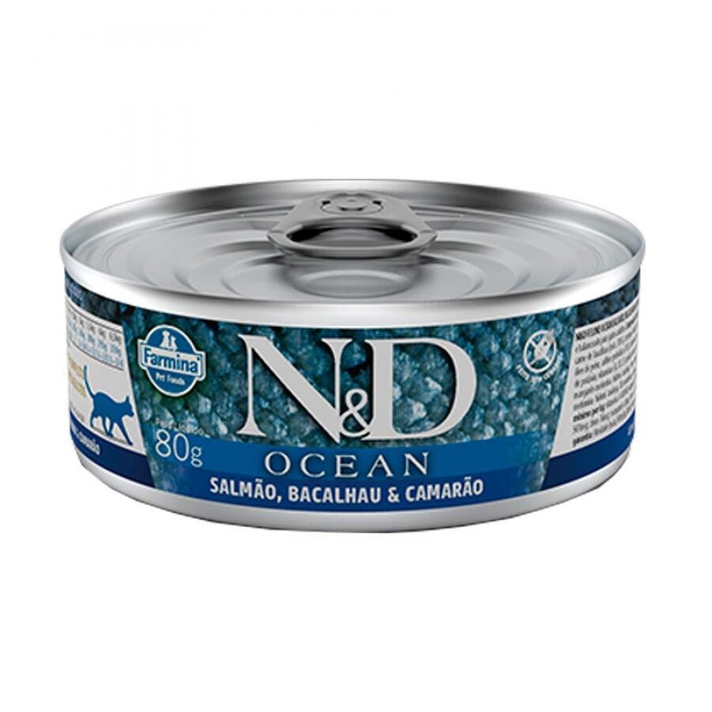 N&D GATOS FELINE WET OCEAN SALMAO, BACALHAU E CAMARAO 80G