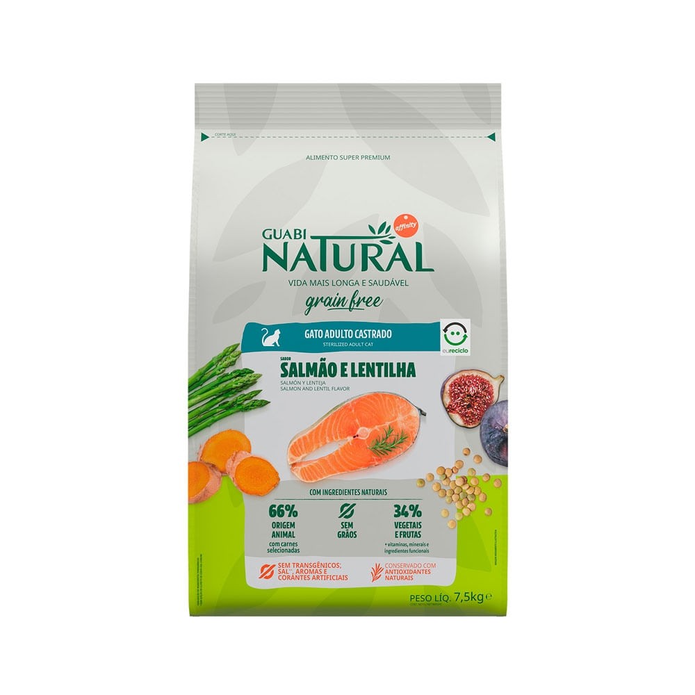 NATURAL GRAIN FREE GATOS ADULTOS CASTRADOS SALMÃO E LENTILHA 7,5KG
