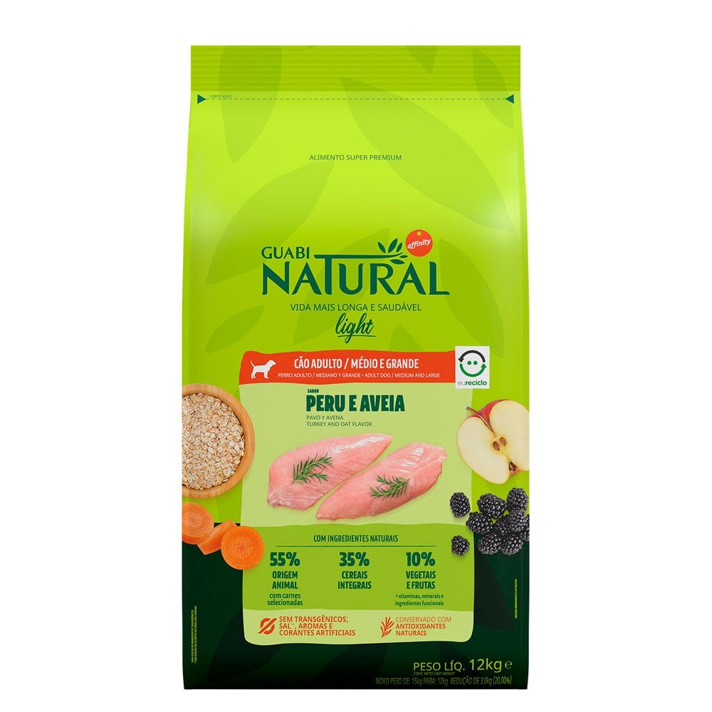 NATURAL CÃES ADULTOS LIGHT RAÇAS MÉDIAS E GRANDES PERU E AVEIA 12KG